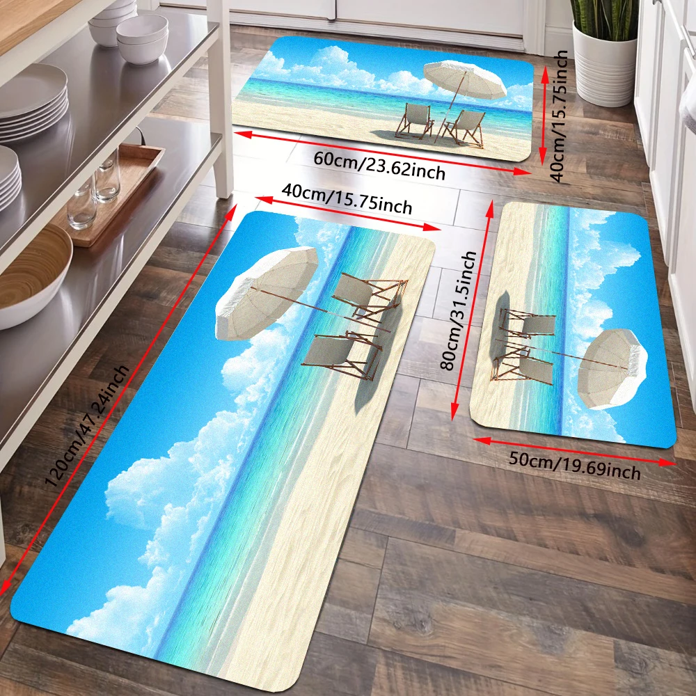 3Pcs Ocean Beach Natural Scenery Kitchen Floor Rug Sets Blue Sky Sea Coastal Flannel Doormat Non-Slip Bath Mat Bathroom Carpet