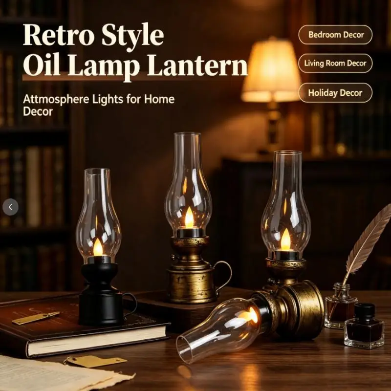 Retro Vintage Brass Oil Lamp Light, Battery Powered Flickering Led Flame Lantern Home Bedroom Holiday Decor