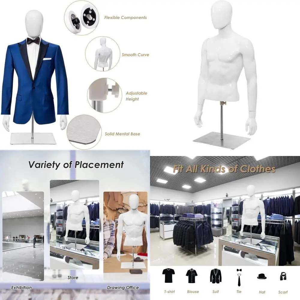 

Манекен мужской регулируемой высоты со съемными руками для демонстрации, ярко-белый, на металлической подставке