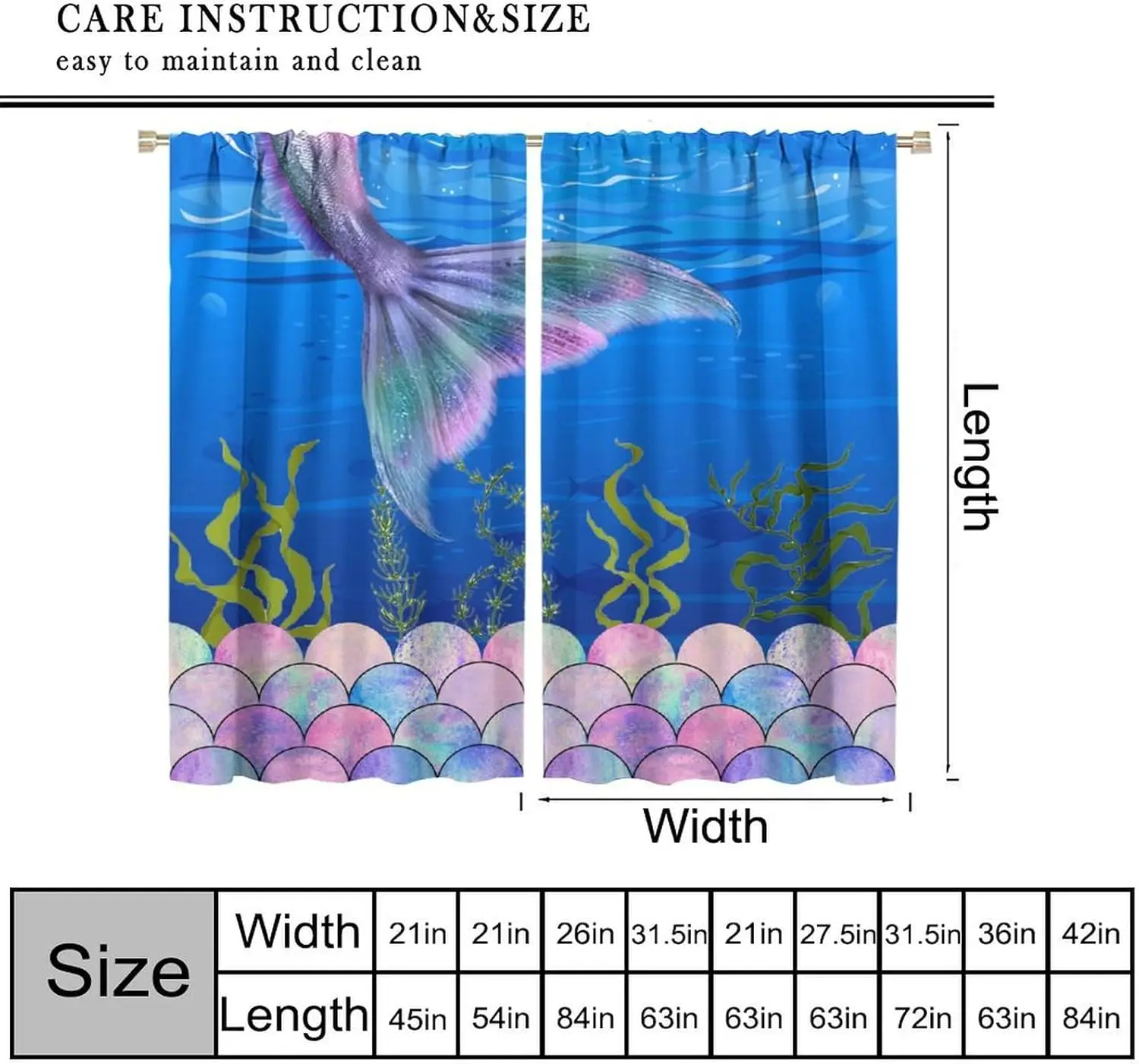 Mermaid Blackout Window Curtain for Kids Girls, Mermaid Tail Swing Scales Glitter Blue Ocean Sea Grass Summer for Home Kitchen