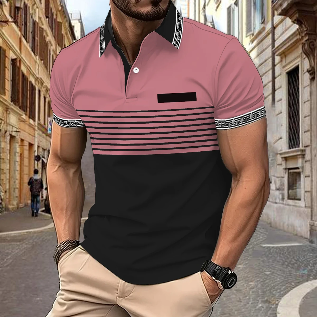 Plate-size Striped Solid Color Matching Loose Fashion Trend Casual Digital Printed Short-sleeved Lapel Polo Shirt