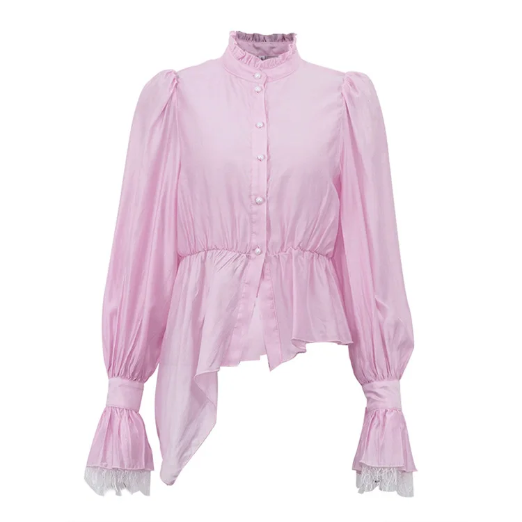 

Foamlina Elegant Pink Ruffle Collar Shirt Women's Flare Sleeve Lace Cuffs & Pearl Buttons Slim Waist Peplum Irregular Hem Blouse