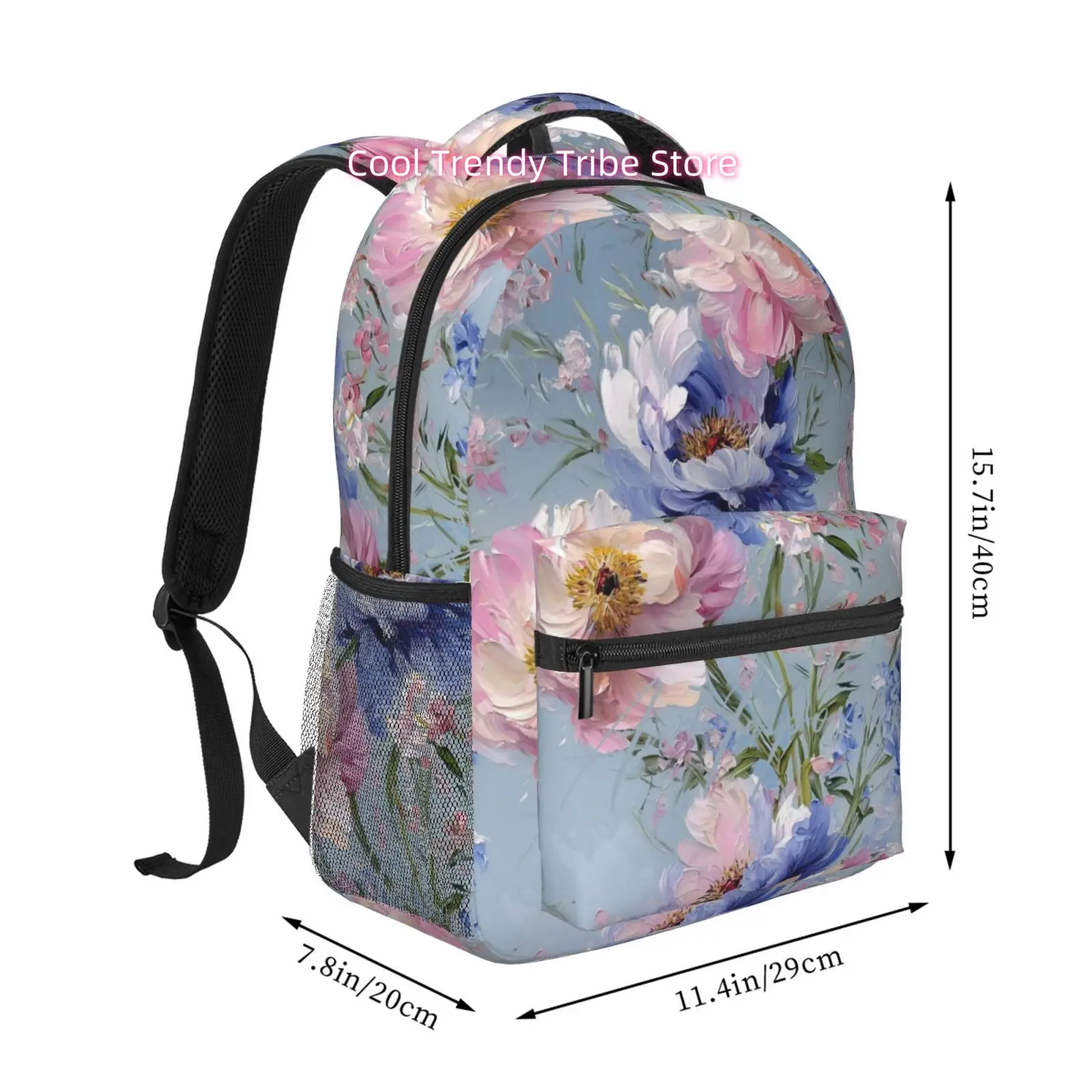 Oil Painting Peony Floral Print Backpack - High Quality Oxford Cloth Bookbag with Adjustable Straps & Zipper Closure, Lightweigh