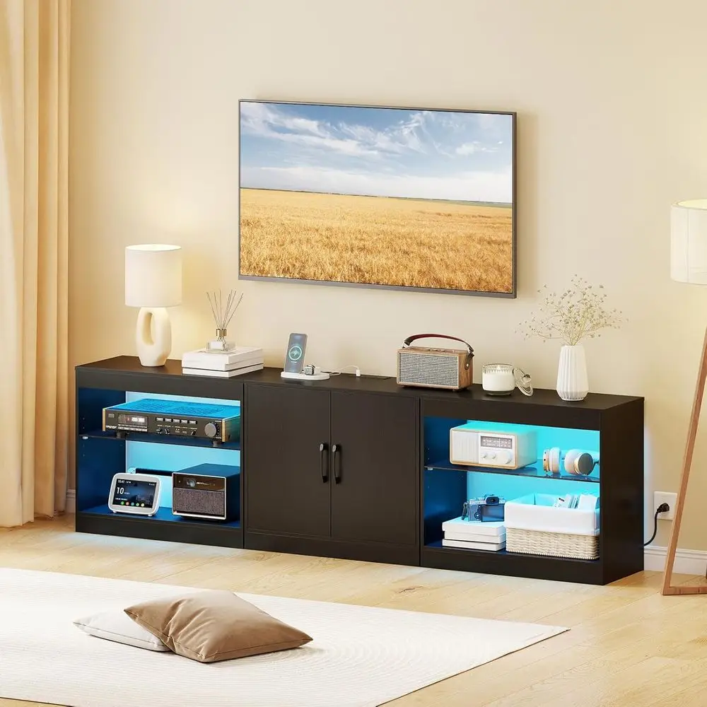 

Тумба под телевизор 85 дюймов, большая медиаконсоль с розеткой, регулируемыми полками, системой организации кабелей для гостиной (черная, длина 77 дюймов)