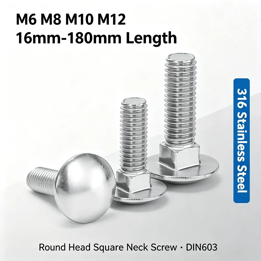 M6 M8 M10 M12 Carriage Bolt 16mm-180mm 316 Stainless Steel Round Head Square Neck Screw DIN603 Industrial Fastener Hardware