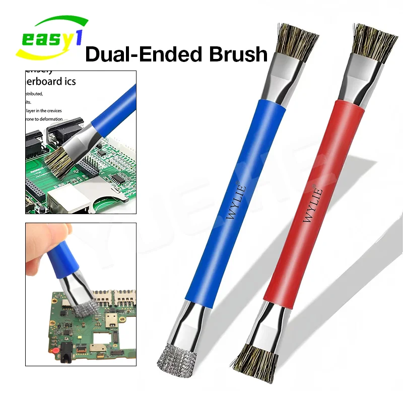 WYLIE Double Headed Cleaning Brush Anti Static Bristle and Steel Wire for Motherboard Phone Repair Dust welding Pad Clean Tools