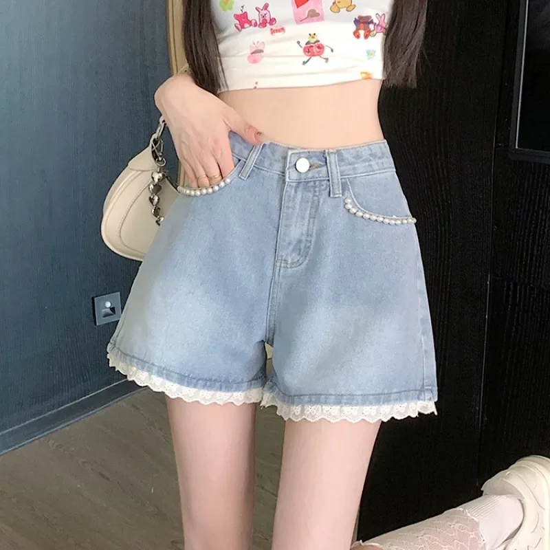 Denim Shorts Women Baggy Lace Patchwork Beading Wide Leg A-line High Waist Summer Sweet Girl Korean Fashion Designed Hotsweet