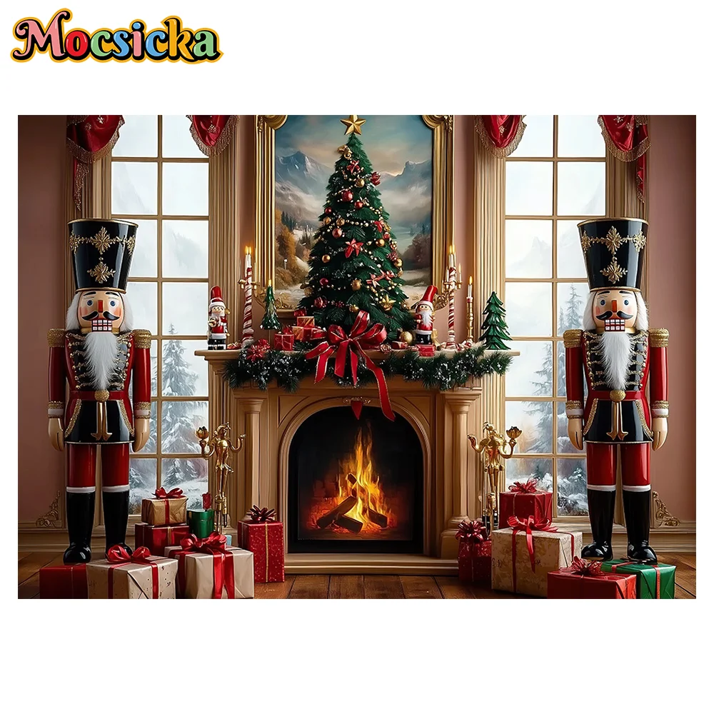 Santa Claus Workshop Background Photography Christmas Tree Gift Clock Wooden Window Backdrop Kids Winter Birthday Photo Studio