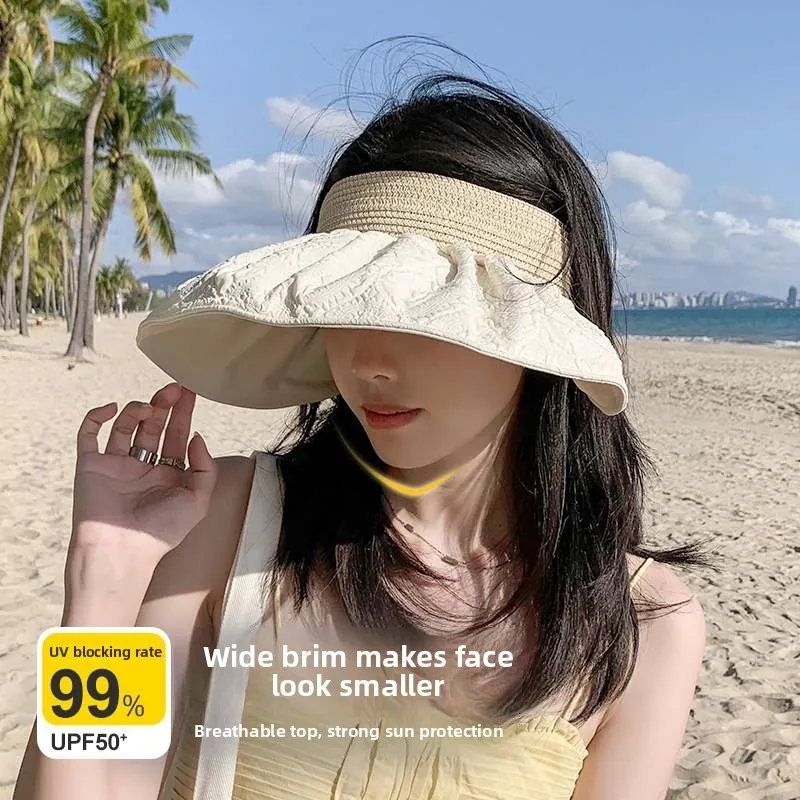 Women's Summer Sun Protection Hat Breathable  Foldable Beach Outdoor Cap UV Protective Empty Top Cute   Design