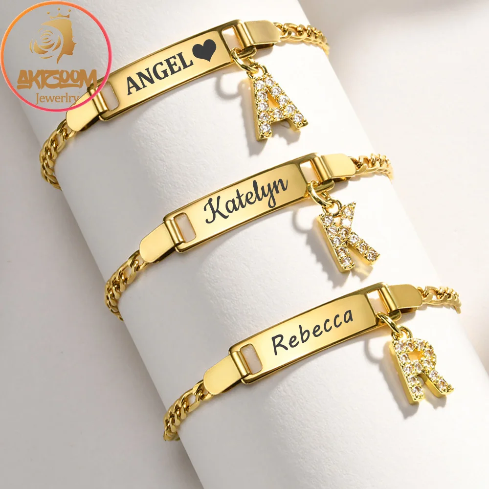 Akizoom Personalized Engrave Baby Name ID Bar Bracelets Bling Zircon Letter Stainless Steel Newborn Kids Bracelets Birthday Gift