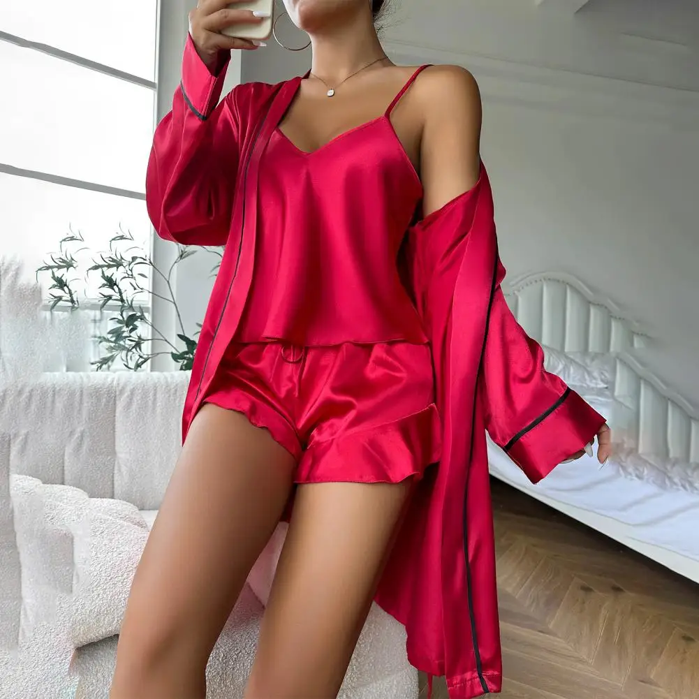 Simple Satin Pajama Set Long Sleeve Belted Robe V Neck Cami Top And Shorts Women\'s Sleepwear