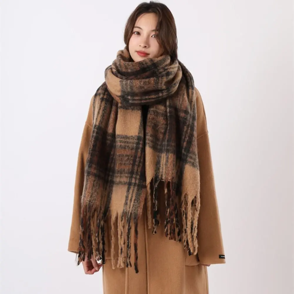 Retro Mohair Plaid Wool Scarf Tassel Thicken Winter Cashmere Scarves Solid Color Plush Long Shawl Student