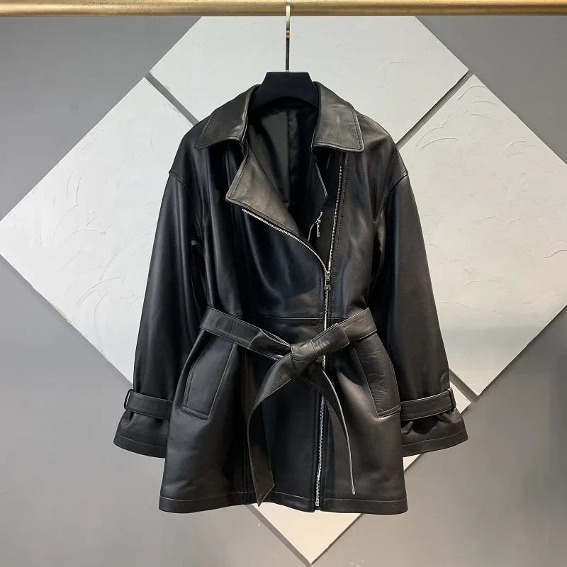 Genuine Sheepskin Leather Trench Coat for Women 2024 Spring Autumn Mid-length Real Leather Jacket Suit Collar Women's Clothing