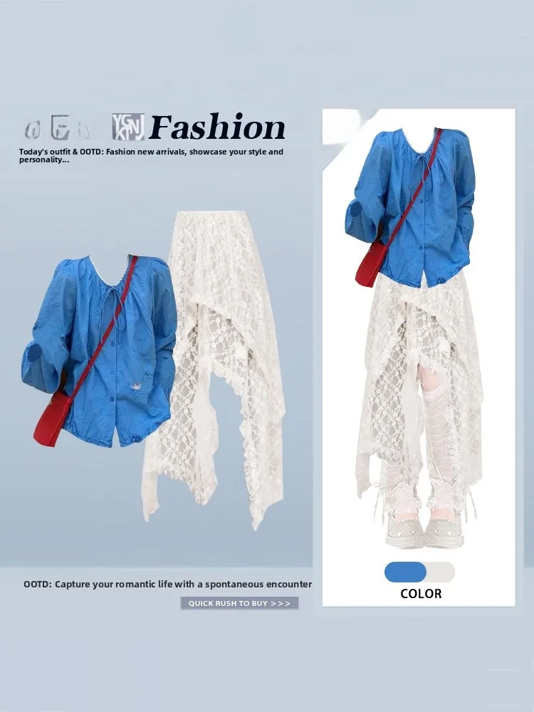 

Blue Lace Asymmetrical Skirt And Shirt Set Women's Summer Travel Outfit Long Sleeve Cotton Shirt Matching Lace Skirt
