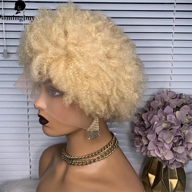 613 Gloden Blonde Afro Cury 13x3 Lace Front Wigs Mongolian Remy Human Hair Afro Curly Colored Lace Wig For Black Women Comingbuy