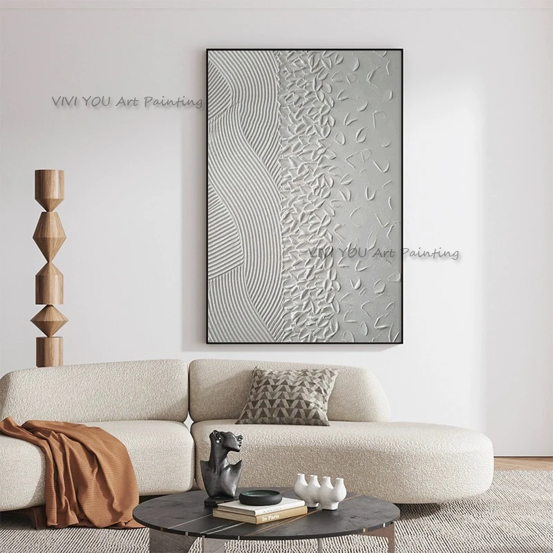Neutral 3D Textured Oil Painting Hand Painted Wave Abstract Vertical Canvas Wall Art For Living Room Decor