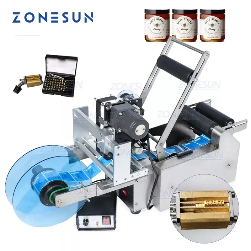 ZONESUN ZS-MT50D Semi Automatic Round Bottle Labeling Machine Label Applicator With Date Printer Self Adhesive Label Dispenser