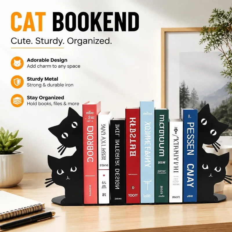 Peeking‑Cat Metal Bookend Desktop Book‑Support Black Iron‑Craft Ornament Tabletop Volume‑Holder Literature Storage Bracket