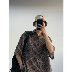 Mid-length large size hip-hop street summer retro loose shirt for couples no-iron drape half-sleeved shirt for men and women y2k