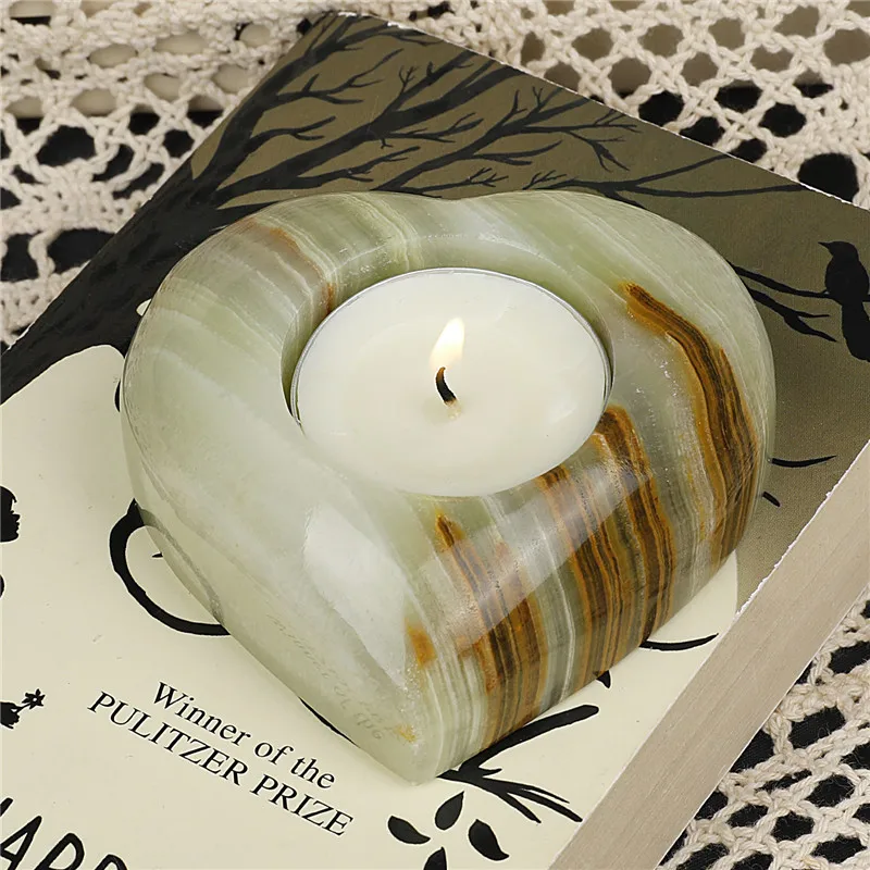 Lovely Heart Afghanistan Jade Candle Holder Aesthetic Room Decoration Reiki Healing Stone Desk Decor Gift for Christmas New Year