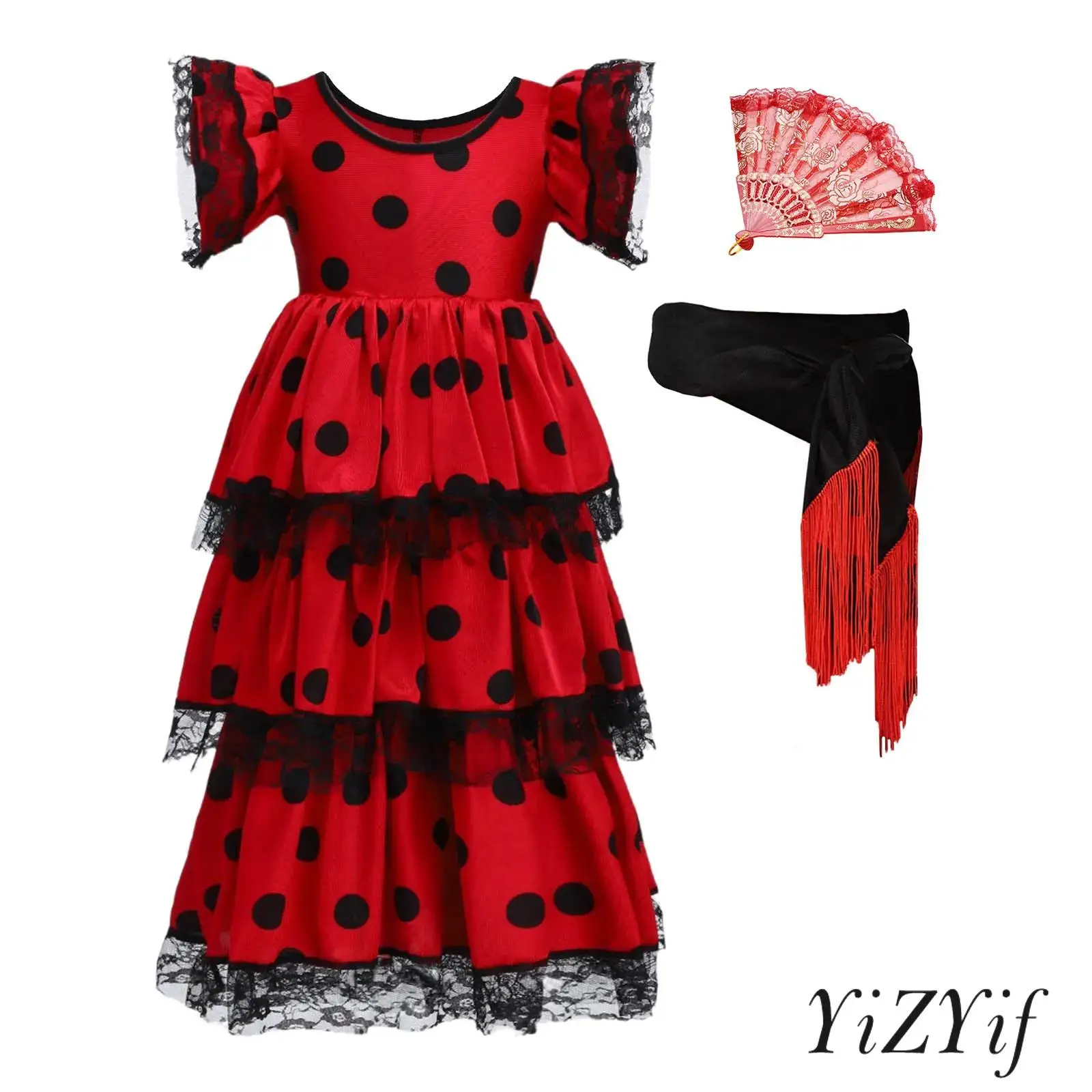 Children Girls Flamenco Dance Dress with Detachable Belt And Matching Fan Set Lyrical Ballroom Stage Performance Dance Costume