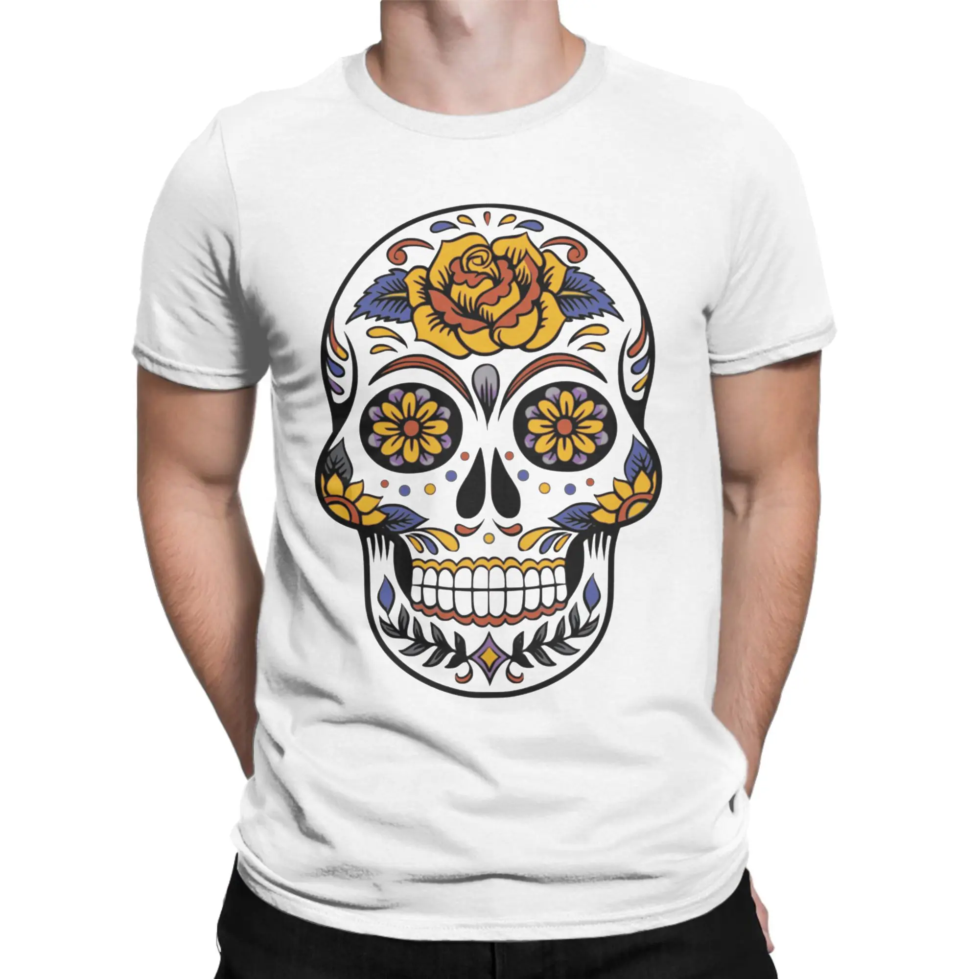 

Мужская футболка с сахарным черепом смерти и цветами, винтажные футболки из 100% хлопка, футболка с короткими рукавами, уникальная одежда с круглым вырезом