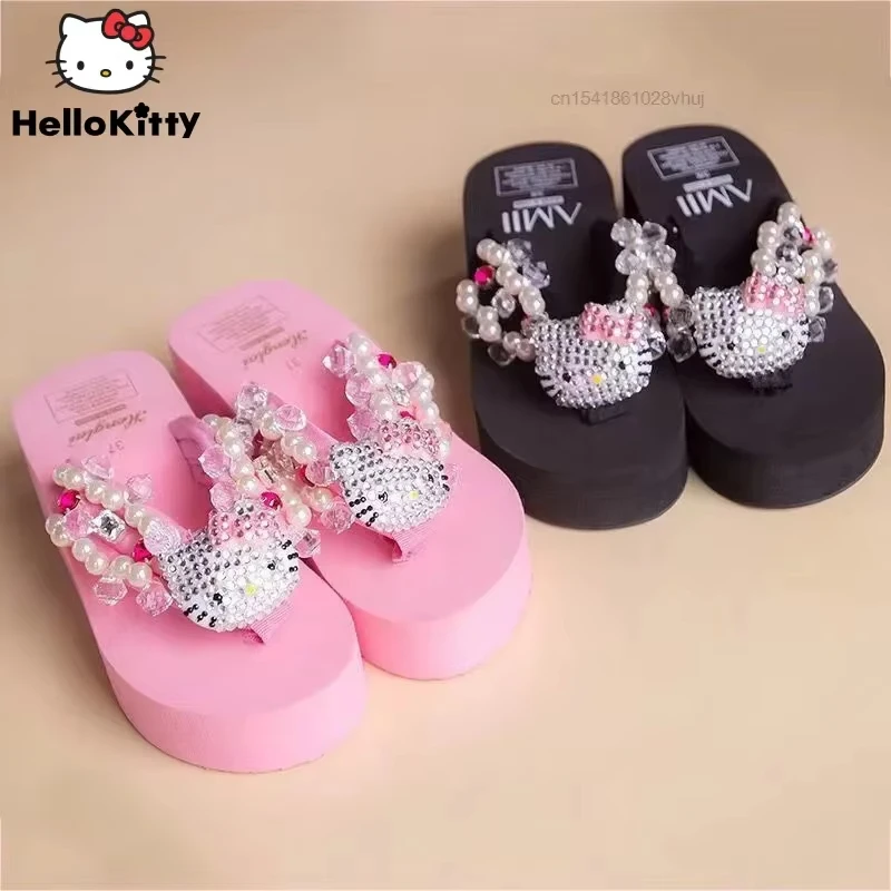 

Y2K MINISO Hello Kitty, мягкие шлепанцы, сандалии, пляжные шлепанцы, женские повседневные тапочки на высоком каблуке Kawaii на танкетке, женские шлепанцы на платформе