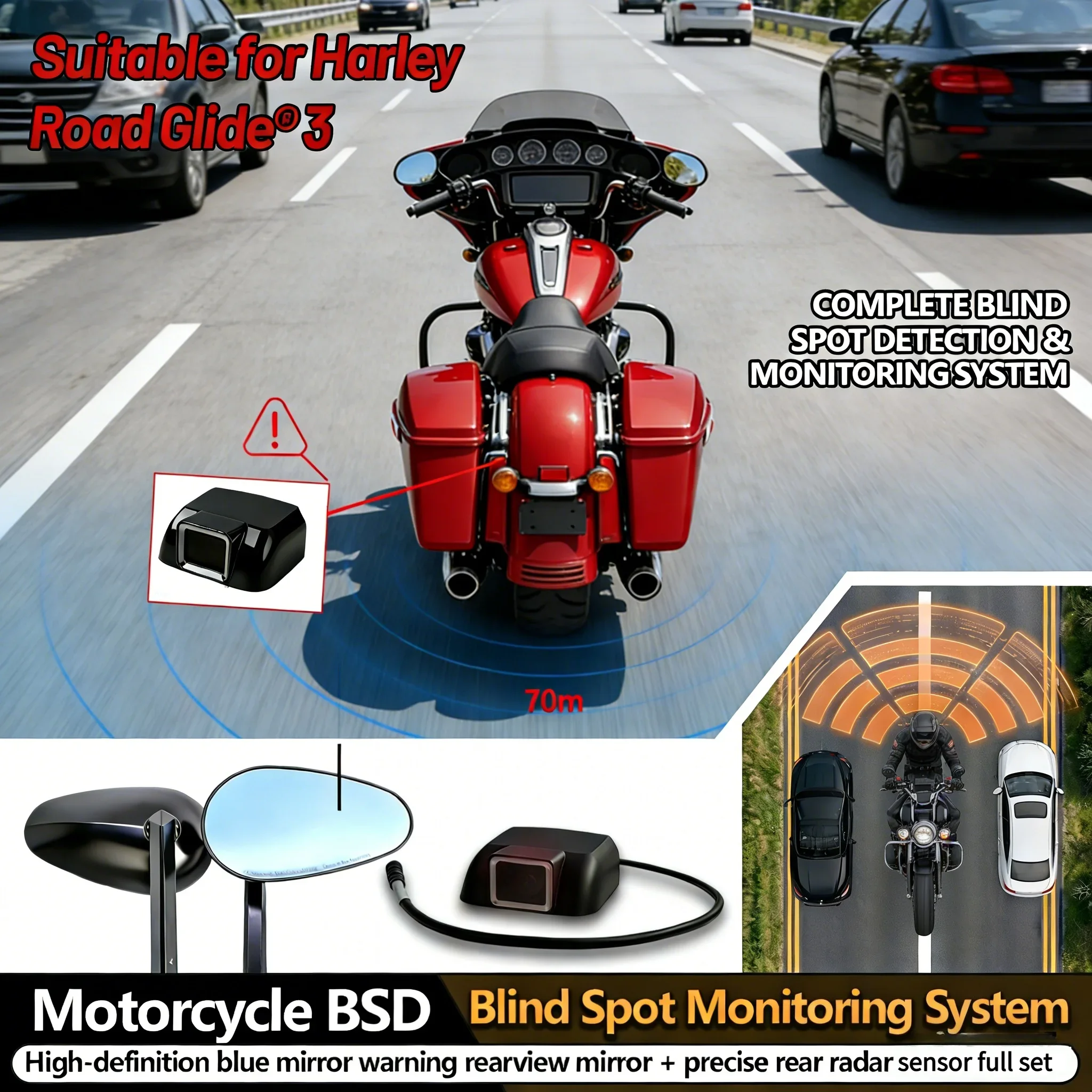 For Harley Road Glide® 3 77GHz Radar Blind Spot Mirror Motorcycle Anti-Glare Lane Change Alert IP67 Waterproof Safety Kit