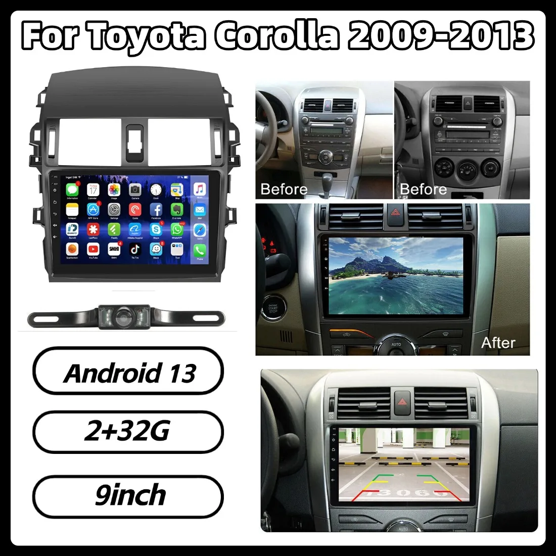 

9in 2+32G Car Stereo Radio For Toyota Corolla 2009-2013 GPS Navigation Android Auto Bluetooth WiFi Mirror Link Android 13
