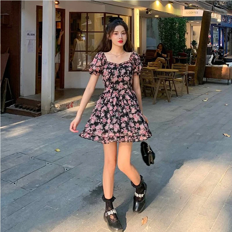 Vestido sin hombros para mujer, minifalda Y2K con estampado Floral, Espalda descubierta, flores, playa, una pieza, coreano, Kpop