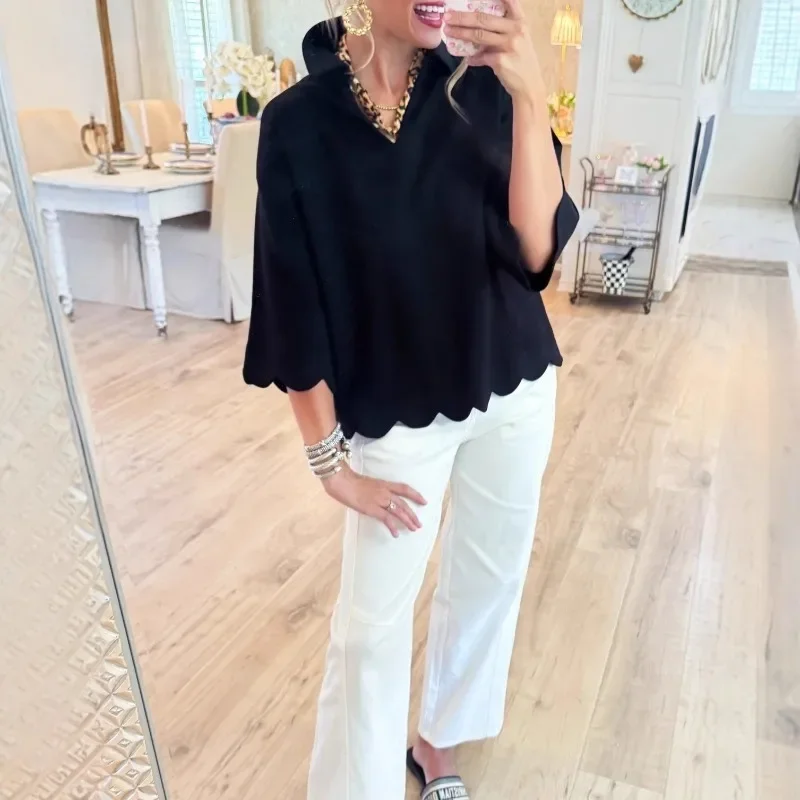 

Women's Loose Collared Pullover Hoodie Top, Autumn and Winter Solid Color Irregular Lace Flared Sleeve Temperament Top Vacation