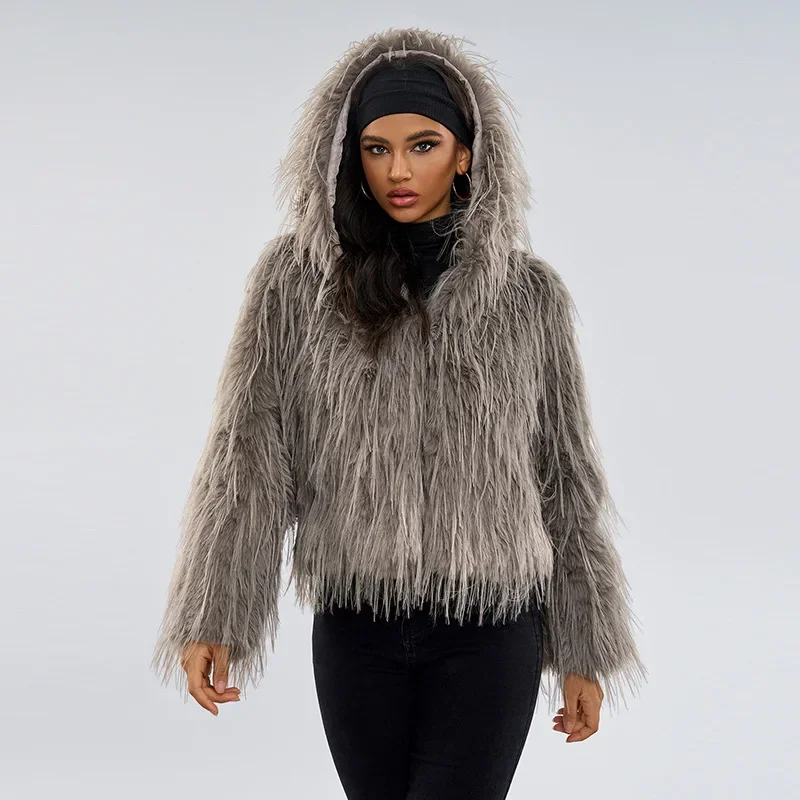 Fashion Warm Fringed Fur Imitation Fur Jacket Women\'s Urban Trend Hooded Fur Coat for Women