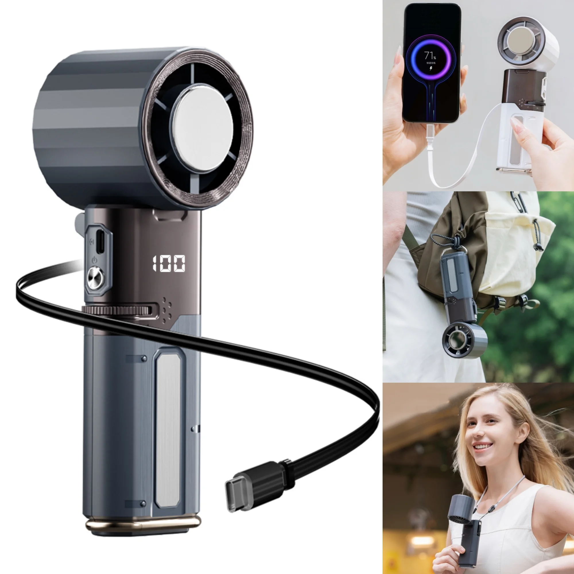 Portable Handheld Turbo Fan with Ice Compress, 6000mAh Rechargeable USB Fan, 135° Tilt Foldable Fan with Built-in Type-C Cable