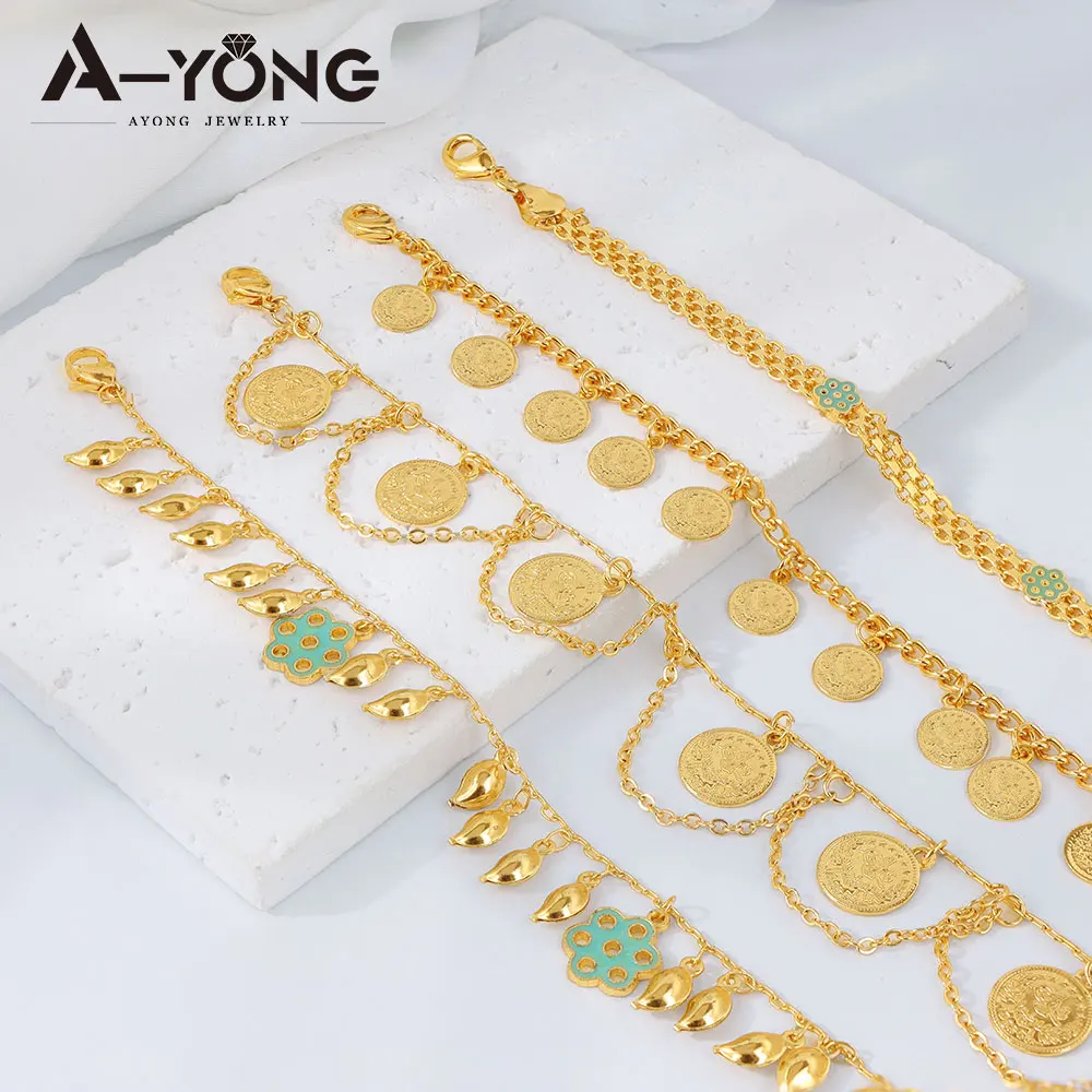 

Dubai Muslim Gold Color Anklet Chains 21k Gold Plated Turkish Vintage Coins Foots Ankle Bracelet Arabic Women Party Jewelry