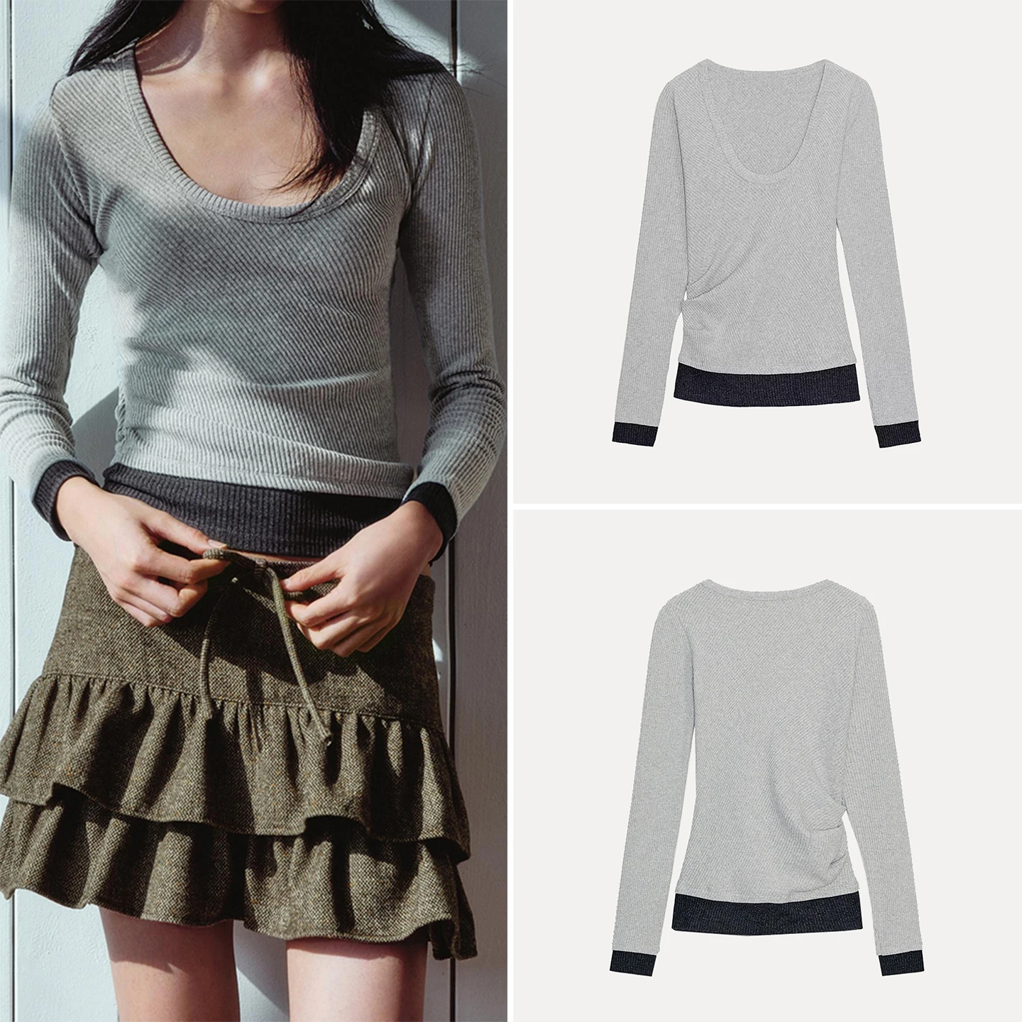 

Faionable двухслойная драпированная футболка женская, осень 2021, новинка Sle Z Long Sve, круглый топ Ele, повседневный