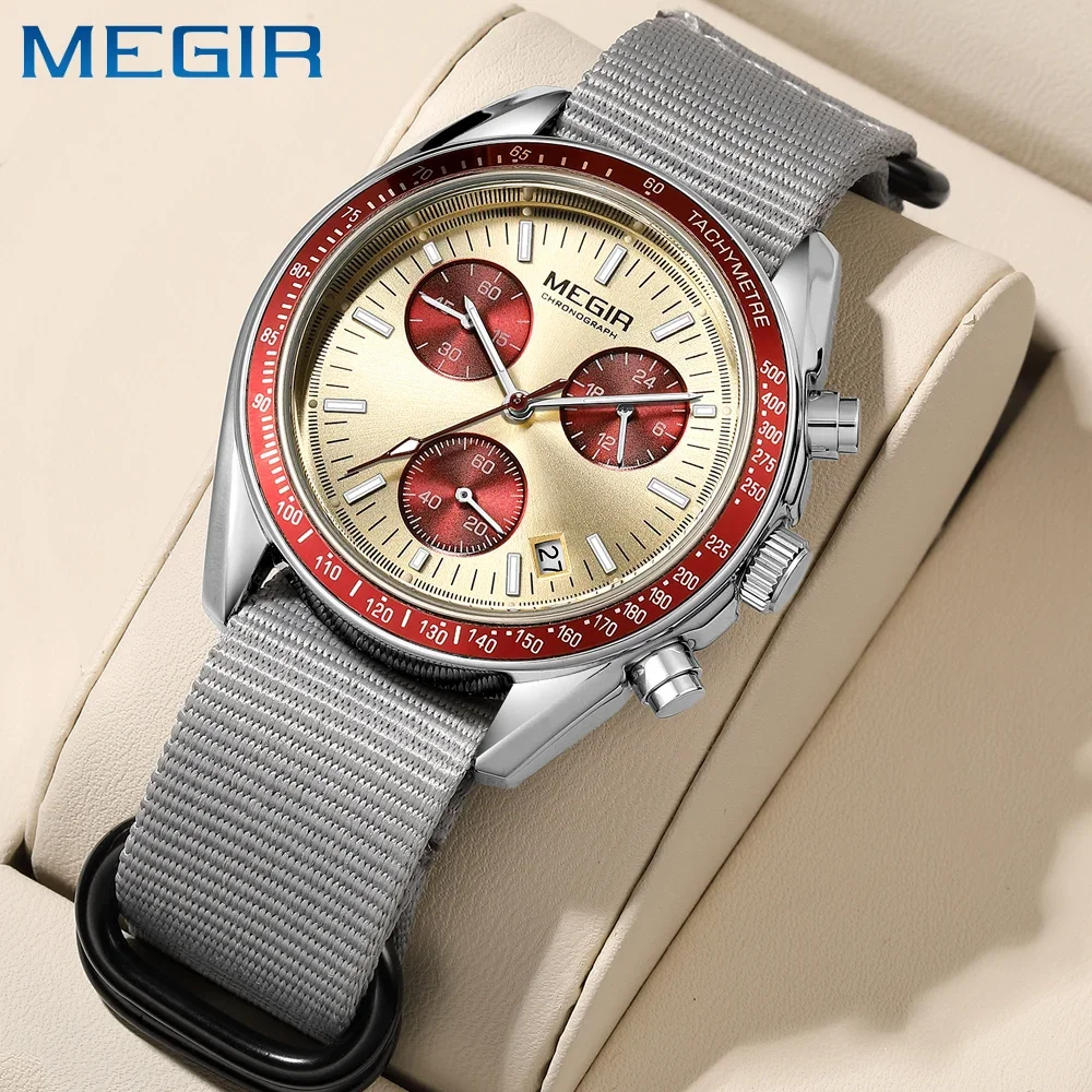 MEGIR 2247 New Luxury Men Watch Canvas Woven Strap Sports Automatic Timing Calendar Quartz Waterproof Night Light Watche for Man