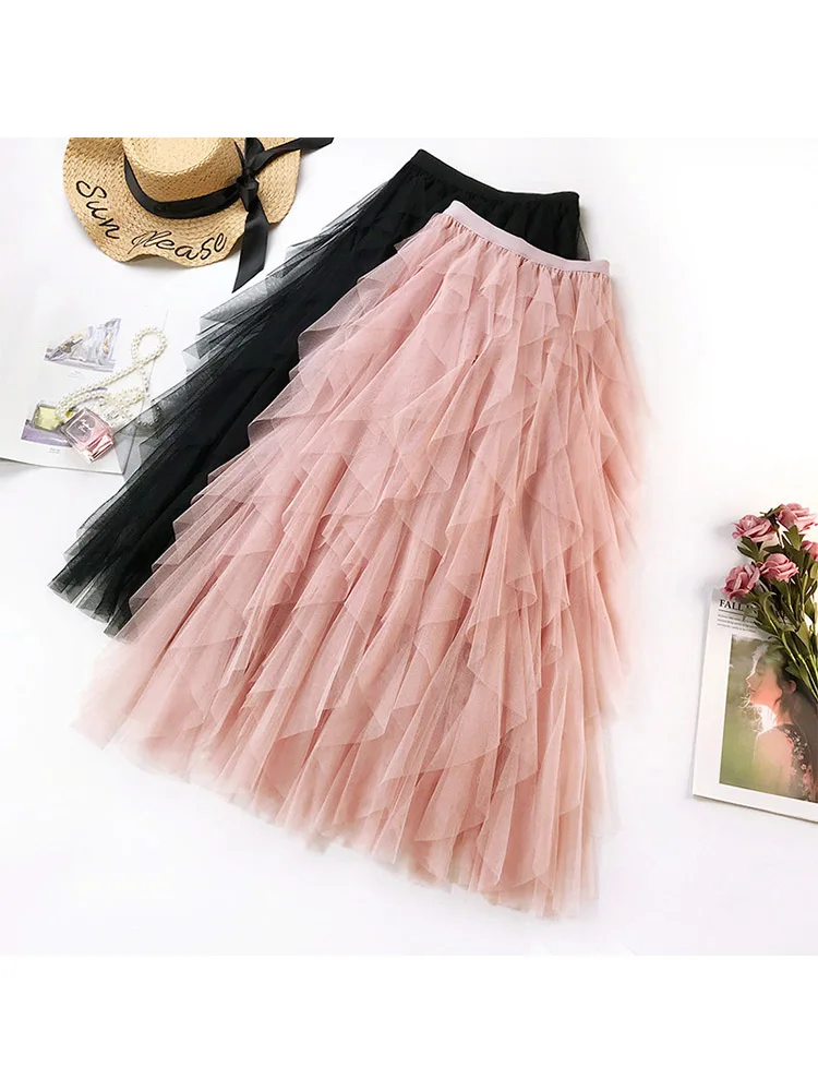 Fashion rok Tutu Tulle wanita, rok Maxi panjang perempuan, rok lipit pinggang tinggi hitam Pink Musim Semi Musim Panas 2024