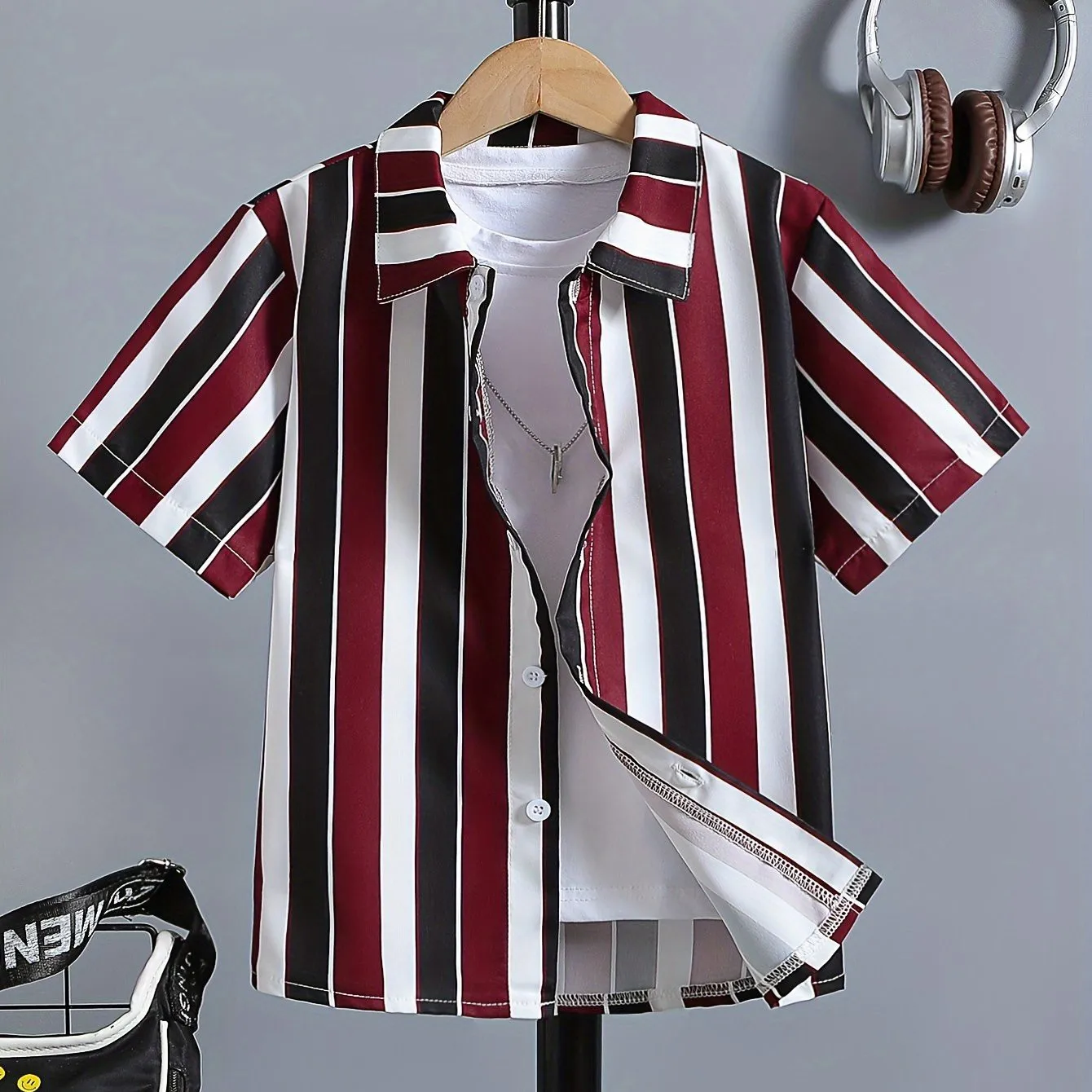 Camicia creativa per ragazzi con stampa scozzese a righe bianche nere Camicia casual a maniche corte con risvolto Top Vestiti per ragazzi Bambini Estate all'aperto