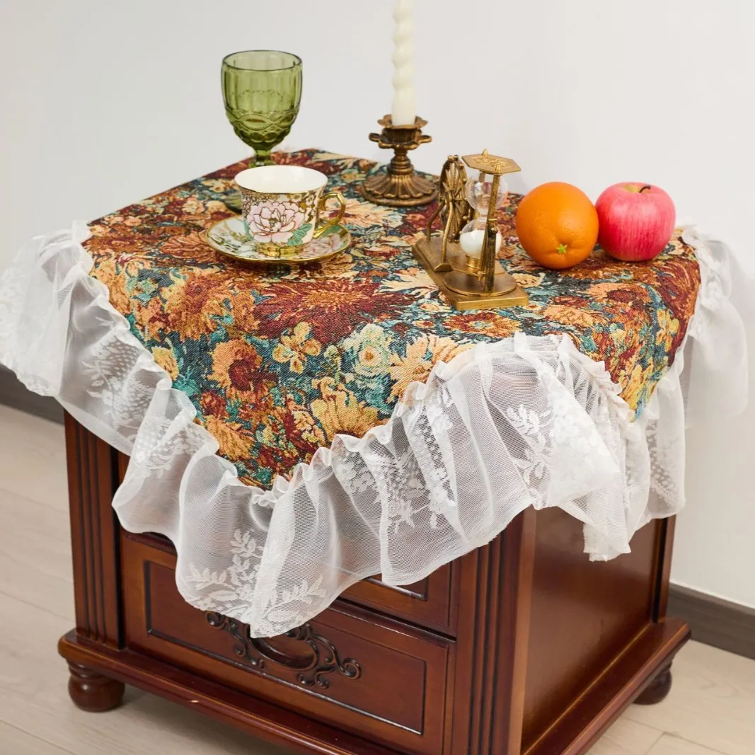 French Flower Oil Painting Ruffle Tablecloth, Rectangle Dust-proof Cover For Tea Table Wedding Dining Room Decor