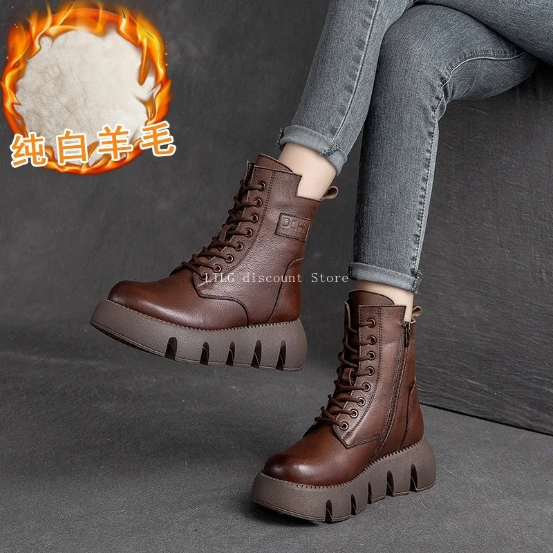 Winter Round Toe Thick Soled Casual Warm Retro Boots ，Ladies' British Trend Boots Genuine Leather Boots，Height Increasing Boots