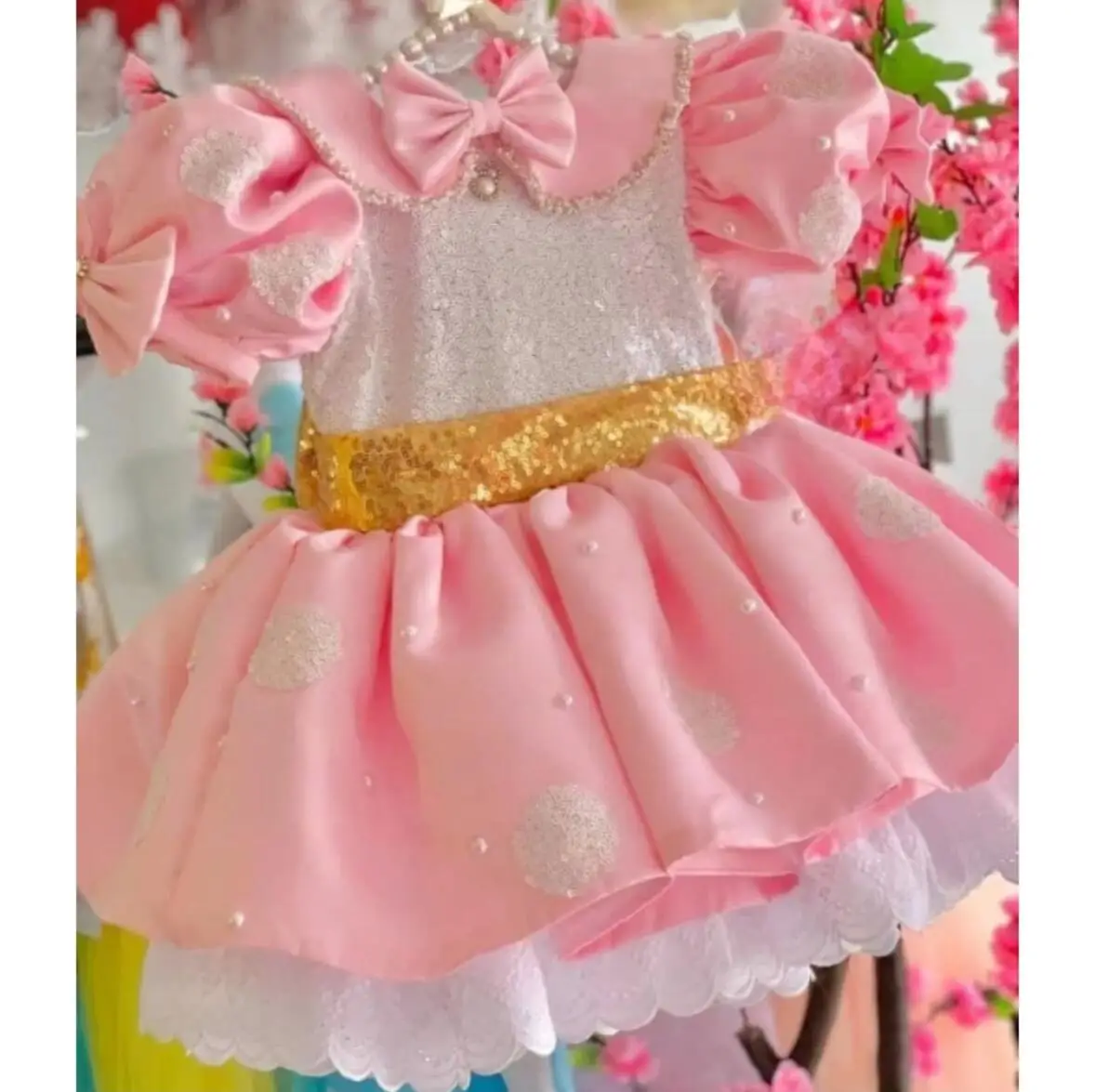 Vestidos de flores para niña, Top de lentejuelas blancas de encaje de perlas rosas con cinturón de lazo dorado, manga corta para boda, cumpleaños, vestidos de primera comunión