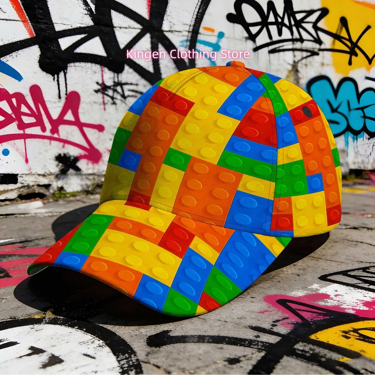 1pc with Colorful Building Blocks Print Adjustable Snapback Cap Durable Headwear Versatile Snap Fastening with Vibrant Design Ou