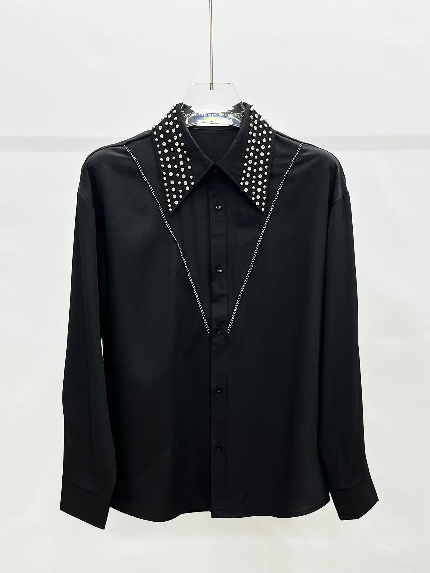 Men's 2025 Autumn New Trendy Loose Stylish Shirts Fashion Beaded Rhinestone Chic Shirts Male Handsome Solid Color Sparkling Tops