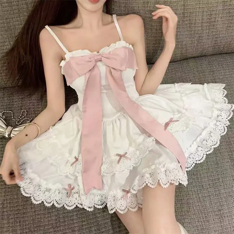 

Lace-edged Pink Big Bow Girl's Dress with Suspenders, Summer 2025 New Puffy Cake Skirt