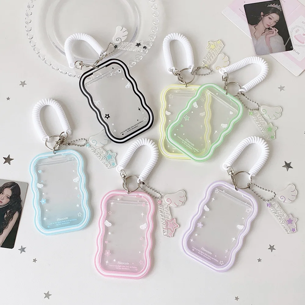 Macaron Color Elastic Cord 3 Inch Pendant Card Holder Cute Angel Wings Photocard Display Case Bus Card Holder view 2