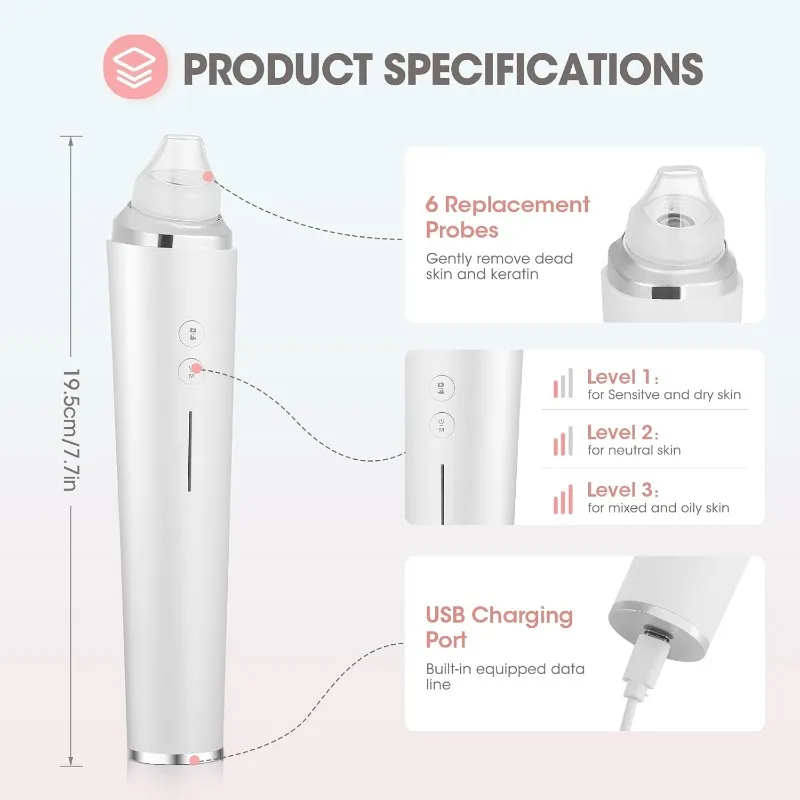 1080P HDカメラ付き黒ずみ除去ツール 黒ずみ除去器 6つの吸引ヘッド付き真空吸引器 3つのモード搭載 毛穴吸引ツール スキンケア用