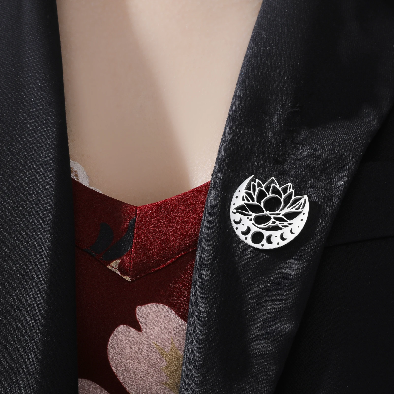 Vintage Moon Phase Lotus Brooch For Women Men Stainless Steel Hollow Cut Lapel Pin Spiritual Mystical Jewelry Badge Gift