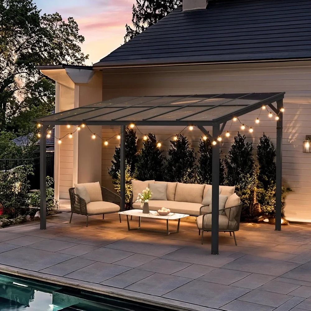 12' X 10' Hardtop Gazebo, Lean to Pergola Gazebos with Metal Frame，Outdoor Wall Mount Gazebo for Deck, Backyard, Garden