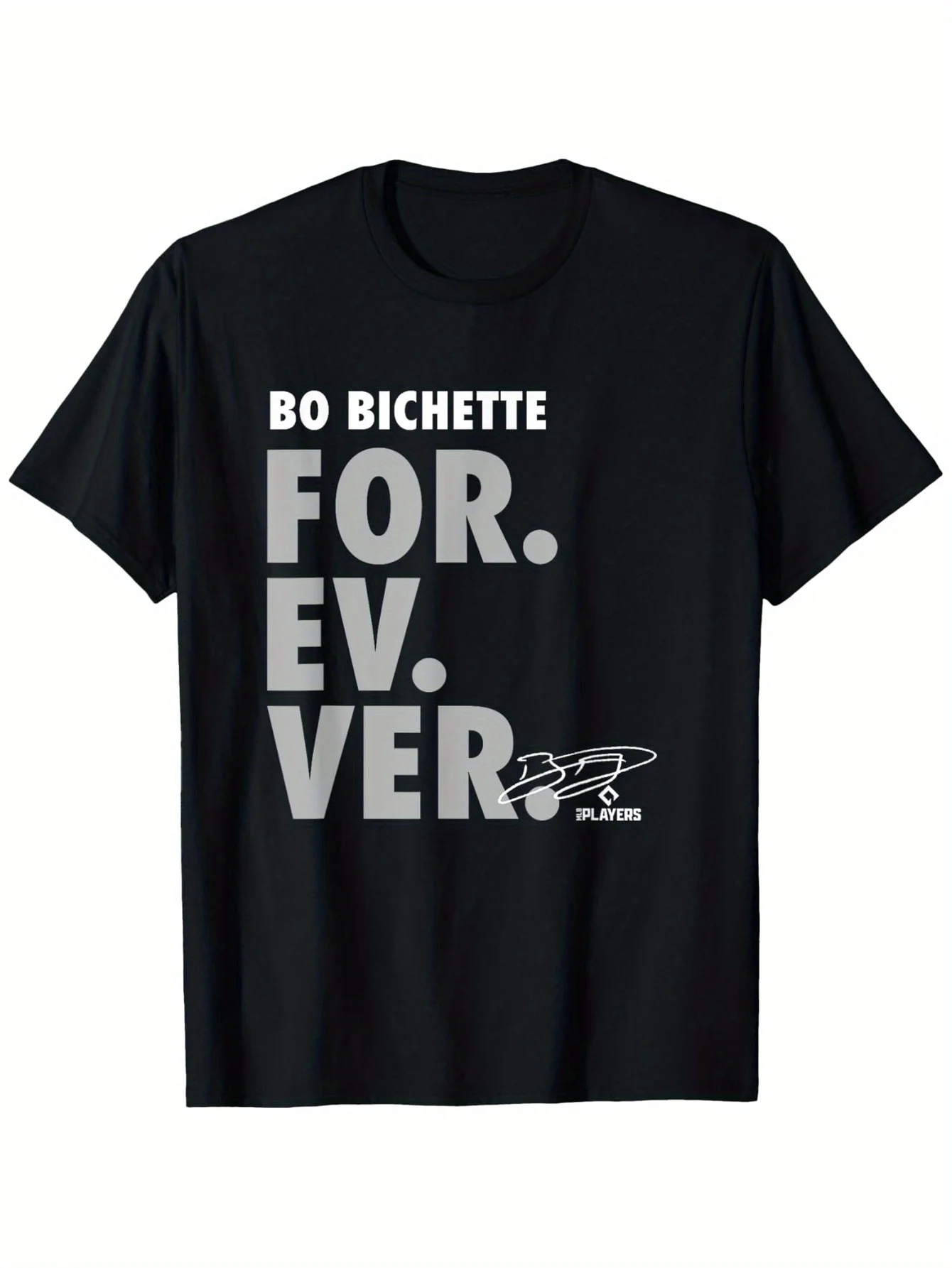 تي شيرت Bo Bichette Forever للرجال برسومات البيسبول باللون الأسود مع حروف EV بيضاء وقميص يوم اللعبة اليومي #1