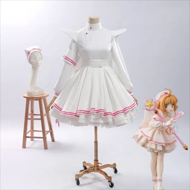 

KINOMOTO SAKURA Cosplay Costume Anime Card Captor White Sweet Sweet Dress Hat Combat Suit for Women Lolita Roleplay Outfits